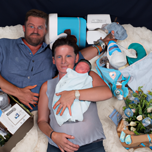 זוג מאושר מחזיק את תינוקם שזה עתה נולד, מוקף בחפצי תינוק חיוניים